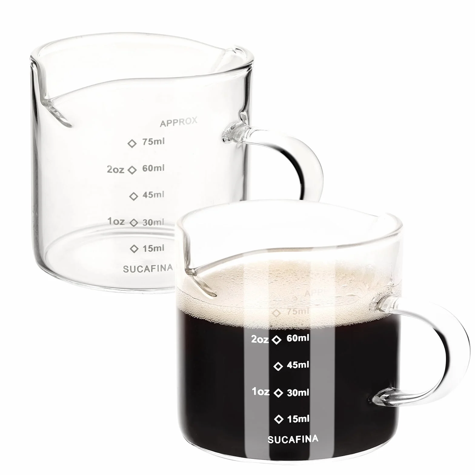 HOTUT Szklanka do espresso 75 ml, 2 szt. podwójna wylewka, kubek do nalewania w kształcie litery V ze skalą, miarka do domu, biura, kawiarni