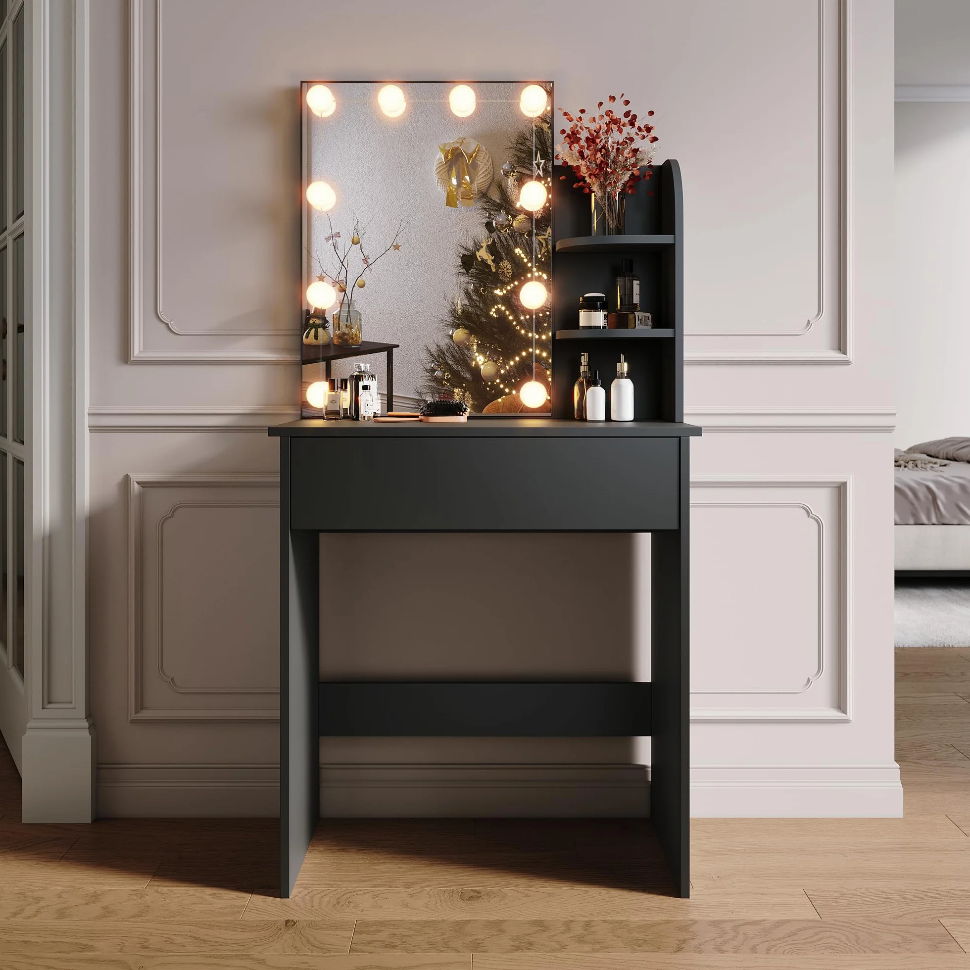 SONNI Toaletka z oświetleniem LED i lusterkiem HD, z 10-stopniową regulacją jasności, 3 kolory, toaletki z szufladami do sypialni, 3 otwarte przegrody, czarna, 70x40x140cm