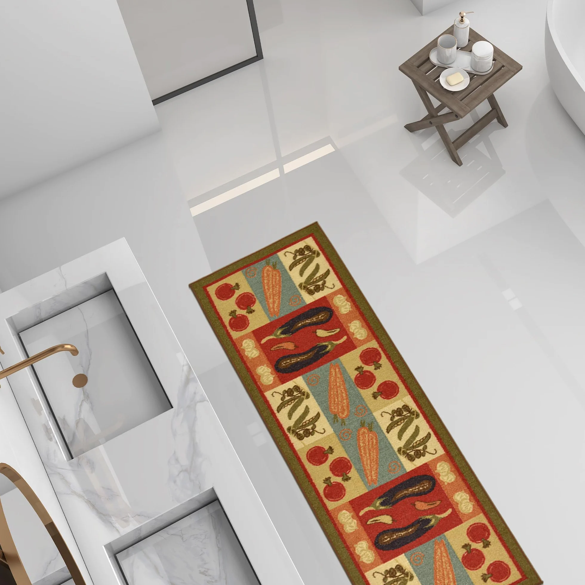 Ottomanson Sara's Kitchen Ciemnooliwkowozielone warzywa, designerski dywan z gumowym spodem, 50 x 150 cm, oliwkowozielony