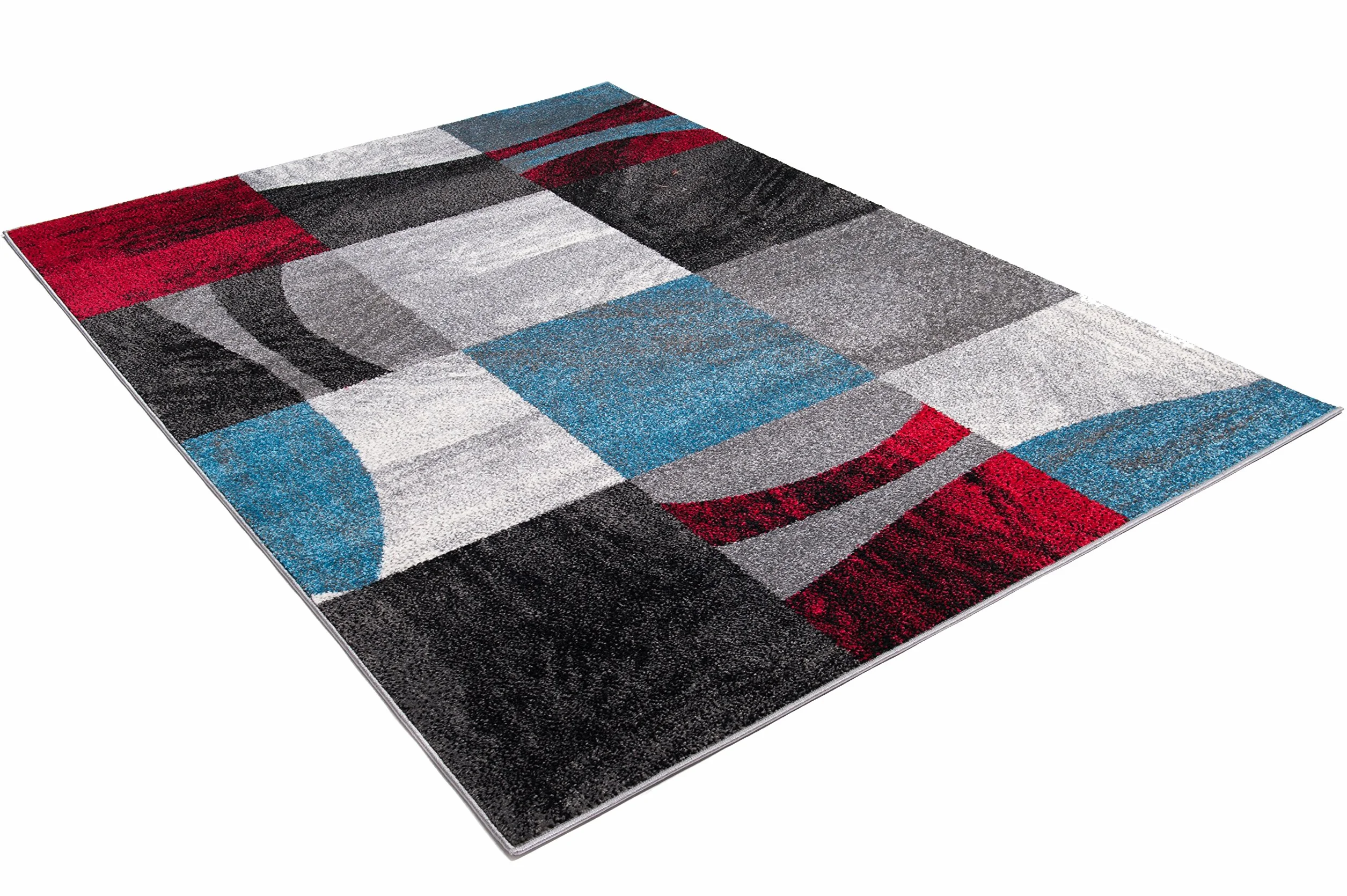 Tapiso Jawa dywan z krótkim włosiem, designerski, szary, czerwony, niebieski, wielokolorowy, z abstrakcyjnymi paskami, wzór w kratkę, kwadratowy wzór, idealny do salonu, pokoju gościnnego, Ökotex 140 x 190 cm