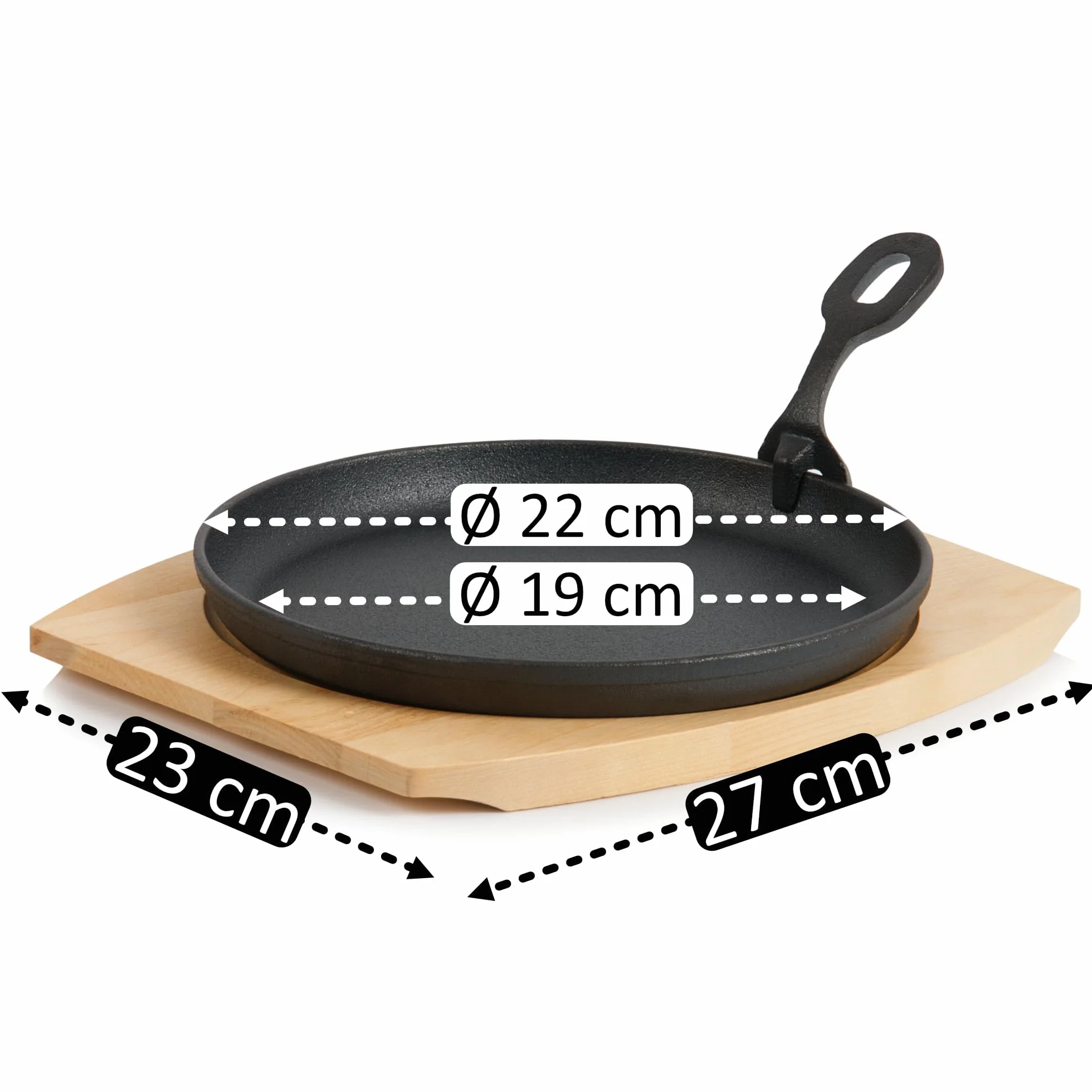 BBQ-Toro żeliwna patelnia serwująca z drewnianą podstawą (1 sztuka) | Ø 22 cm - okrągła | już wypalona - wstępnie wypalona | patelnia grillowa z odpinanym uchwytem | patelnia żeliwna, patelnia do