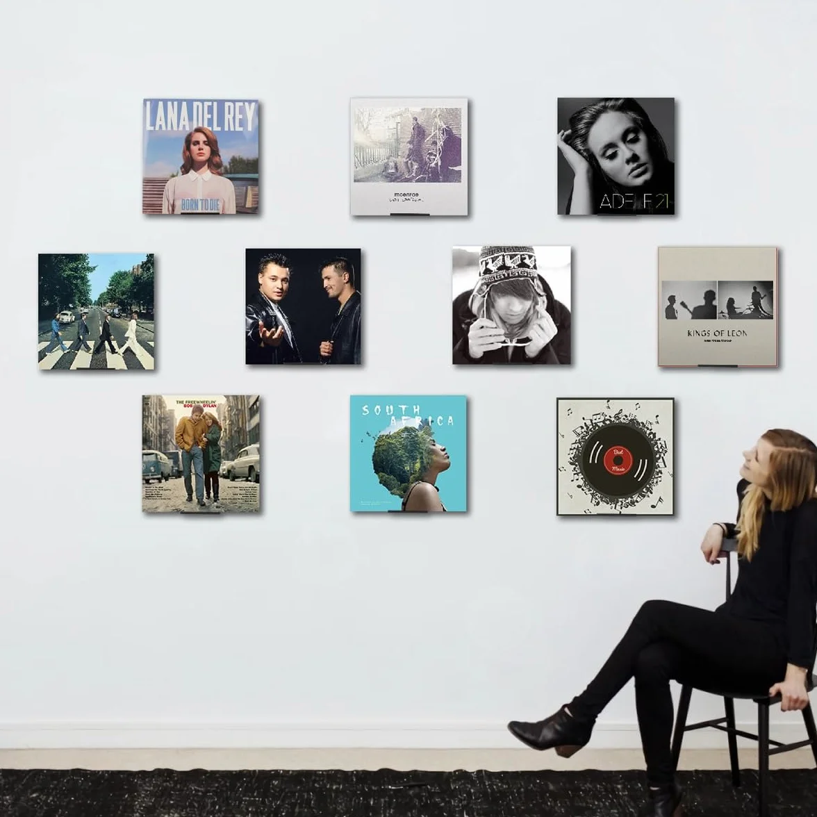 BiJun Winylowy uchwyt ścienny, czarny, metalowy, winylowy, półka, stojak do montażu ściennego na albumy LP, minimalistyczny zestaw do przechowywania płyt CD w biurze, domu, czarny, 10 szt