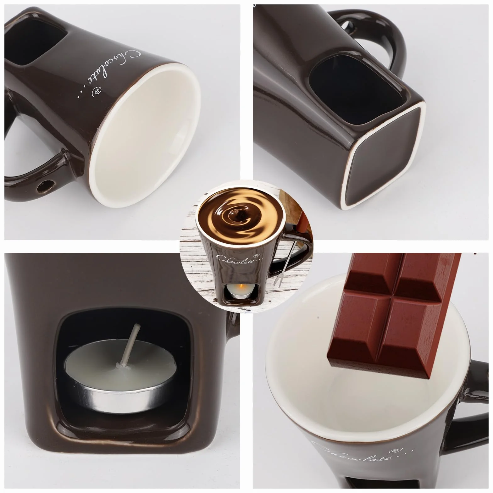 Kubek Fondue Czekoladowego z Widelczykiem i Podgrzewaczami, Słodki Kubek Roztapiania Czekolady Ceramiczny Zestaw Fondue Czekolada Ser Cukierki Idealny Prezent Randkę Urodziny (Ciemnobrązowy)