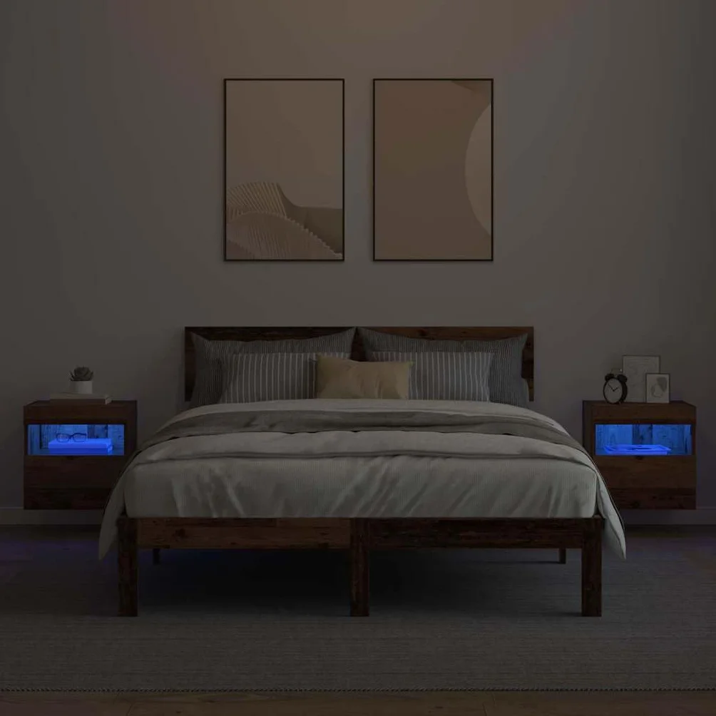 Regały ścienne pod telewizor zestaw 2 sztuk, wygląd starego drewna, 40 x 30 x 40 cm, materiał drewnopochodny, z oświetleniem LED, montowane na ścianie, do salonu, nowoczesne wzornictwo, dużo