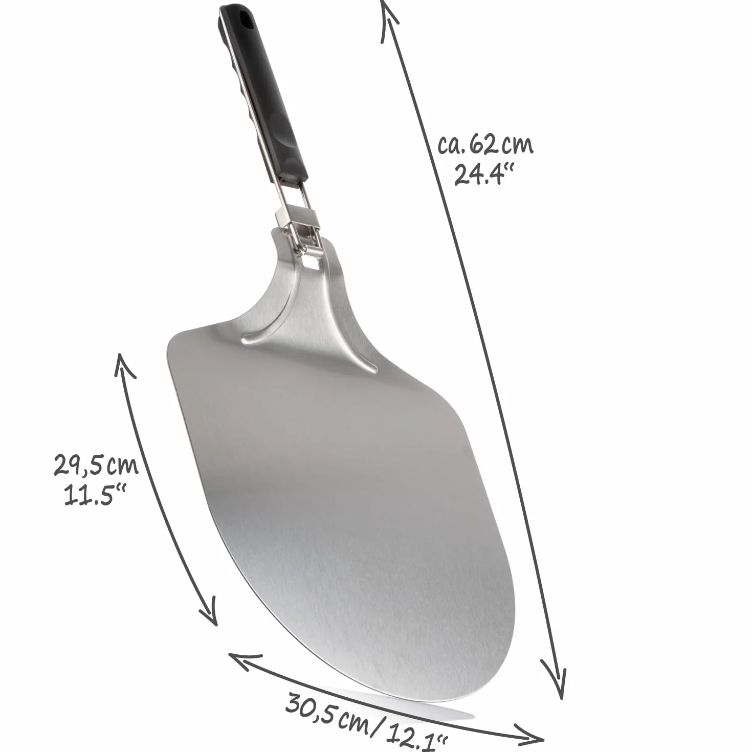 COM-FOUR® Lopata do pizzy ze stali nierdzewnej 430 - podnosnik do pizzy i ciasta ze skladanym uchwytem - lopatka do pizzy, tart, bulek, chleba (srebrny/czarny - kanciasty)