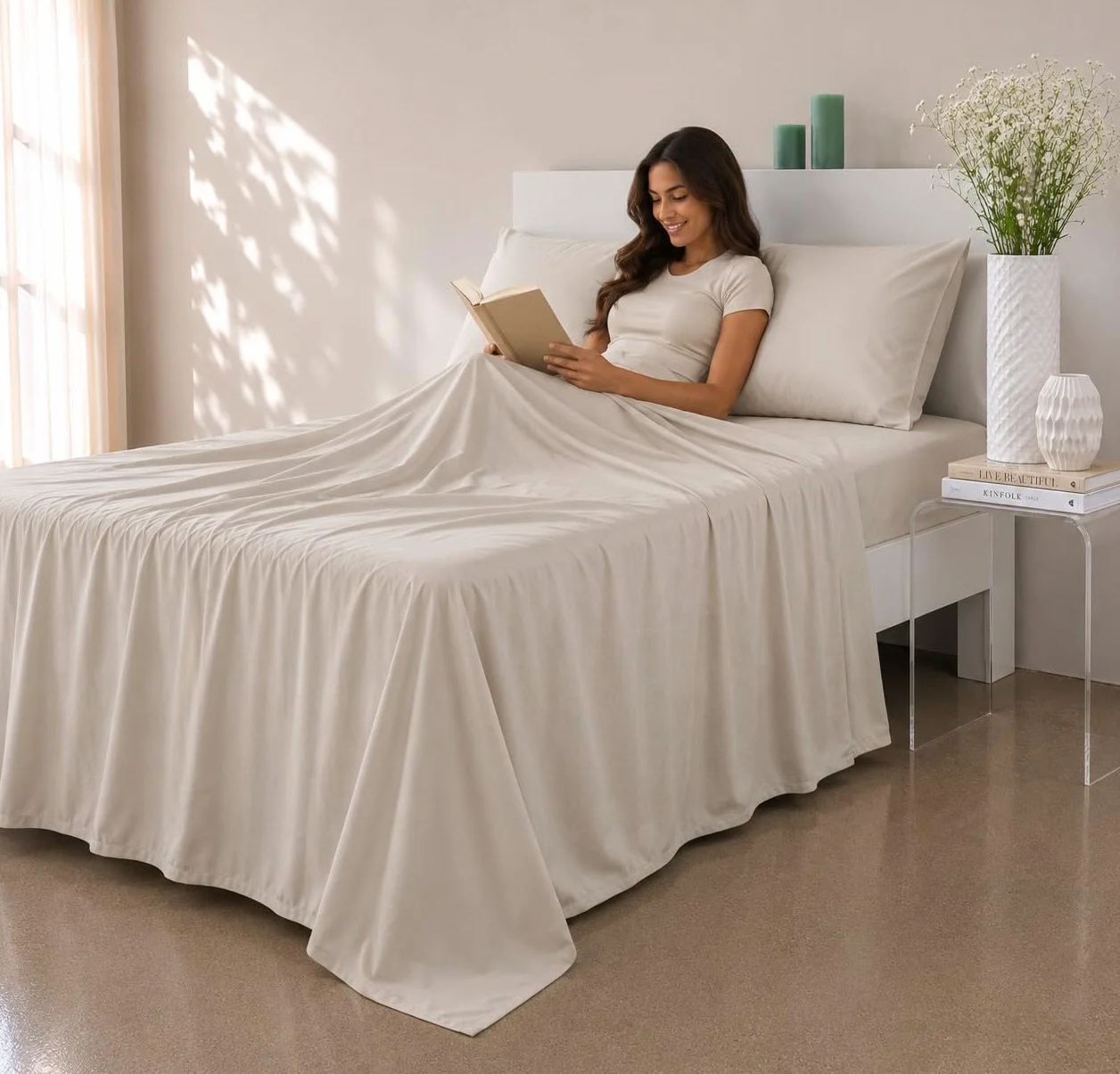 COTTON ARTean Zestaw prześcieradeł 160 x 190/200 Egipska Satyna Bawełna, 300 Nici LEUNA Beżowy zestaw pościeli 160 + 2 poszewki na poduszki + prześcieradło z gumką
