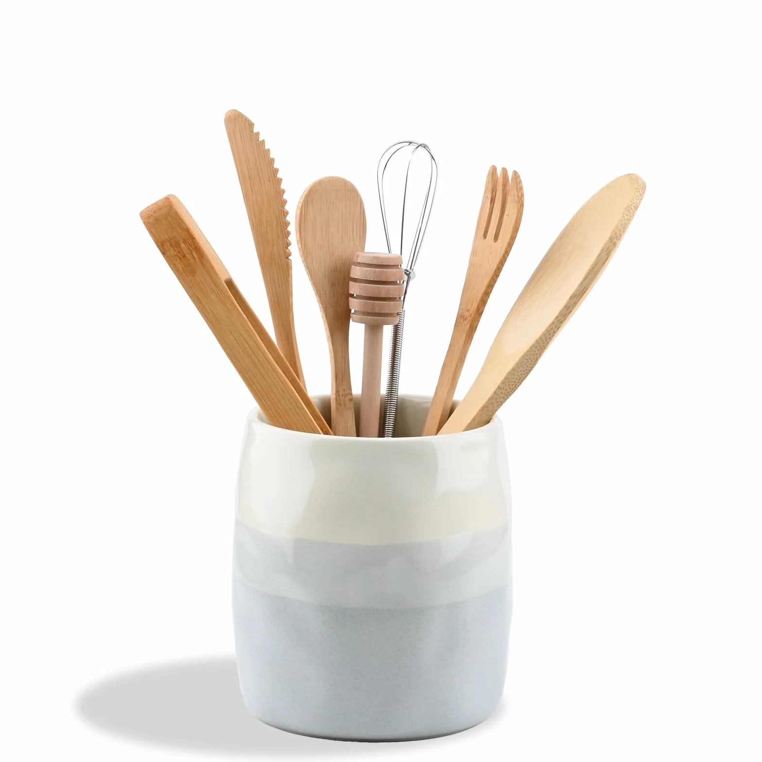 Ceramiczny Pojemnik na Przybory Kuchenne, Garnek na Akcesoria Kuchenne do Organizacji Blatu, Ceramiczny Organizer na Łyżki, Szpatułki i Sztućce, Kremowo-Szary Warstwowy Design (S)