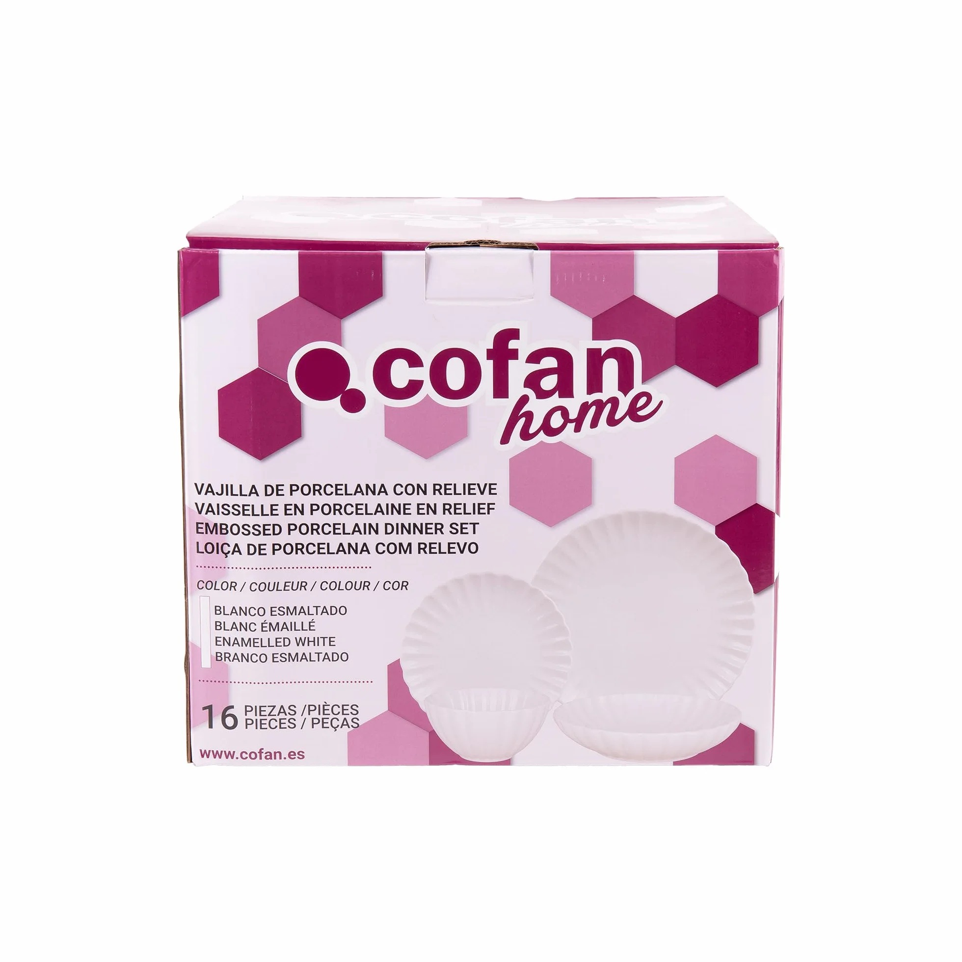 Cofan Naczynia z porcelany emaliowanej | 16-częściowy zestaw | tłoczony wzór | Kolor: biały | nadaje się do mycia w zmywarce, mikrofalówce i piekarniku