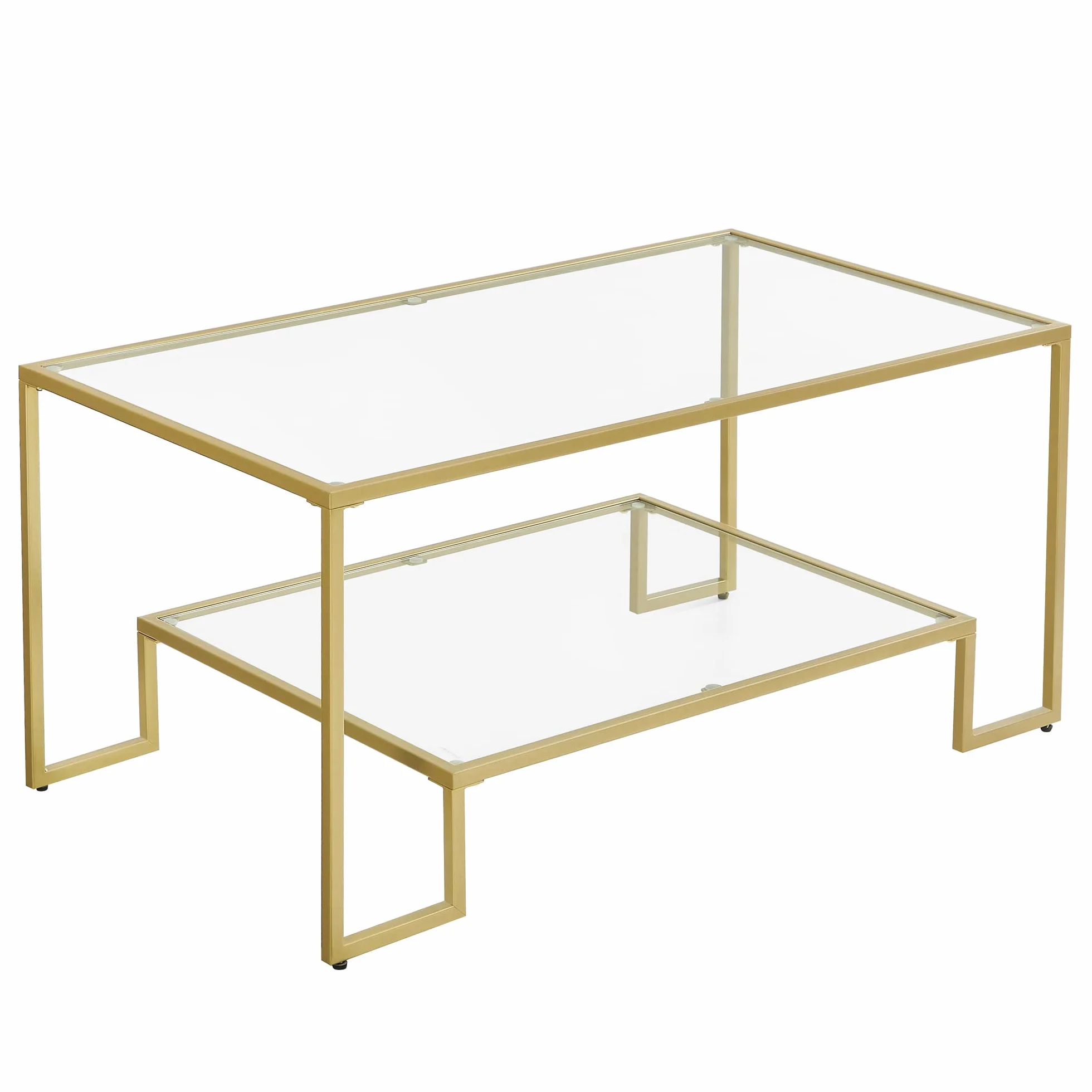 VASAGLE LGT033A01 Stolik kawowy, szklany, 2 półki ze szkła hartowanego, stalowy stelaż, dekoracja, do salonu, kolor złoty, 100 x 55 x 45 cm