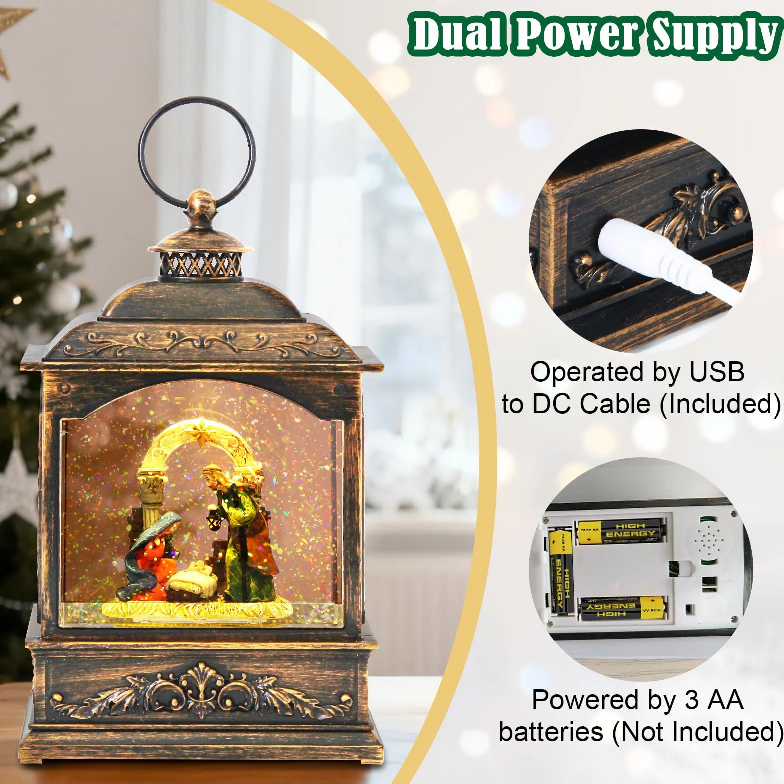 Muzyczna latarnia z kulą śnieżną z szopką bożonarodzeniową, 6-godzinny timer, wirujący brokat, 20 cm, zasilanie USB lub bateryjne