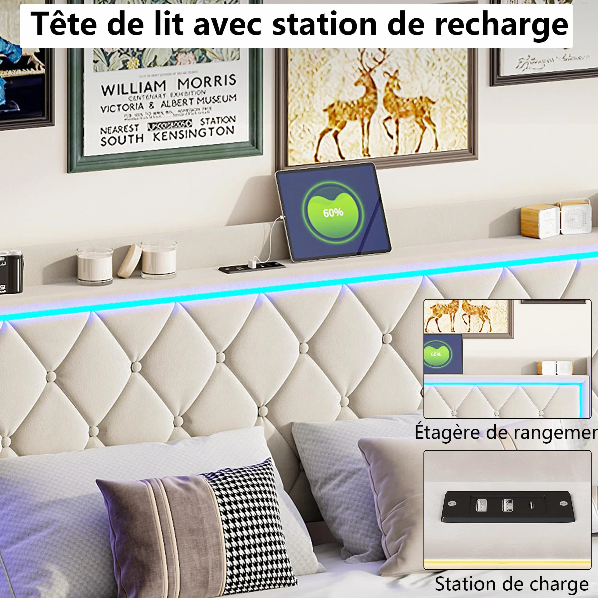 MOTUZP Łóżko tapicerskie o wymiarach 140 x 190 cm z hydraulicznym schowkiem, zagłówek z oświetleniem LED i USB typu C, zagłówek do przechowywania, funkcjonalne łóżko dla dorosłych i młodzieży, bez
