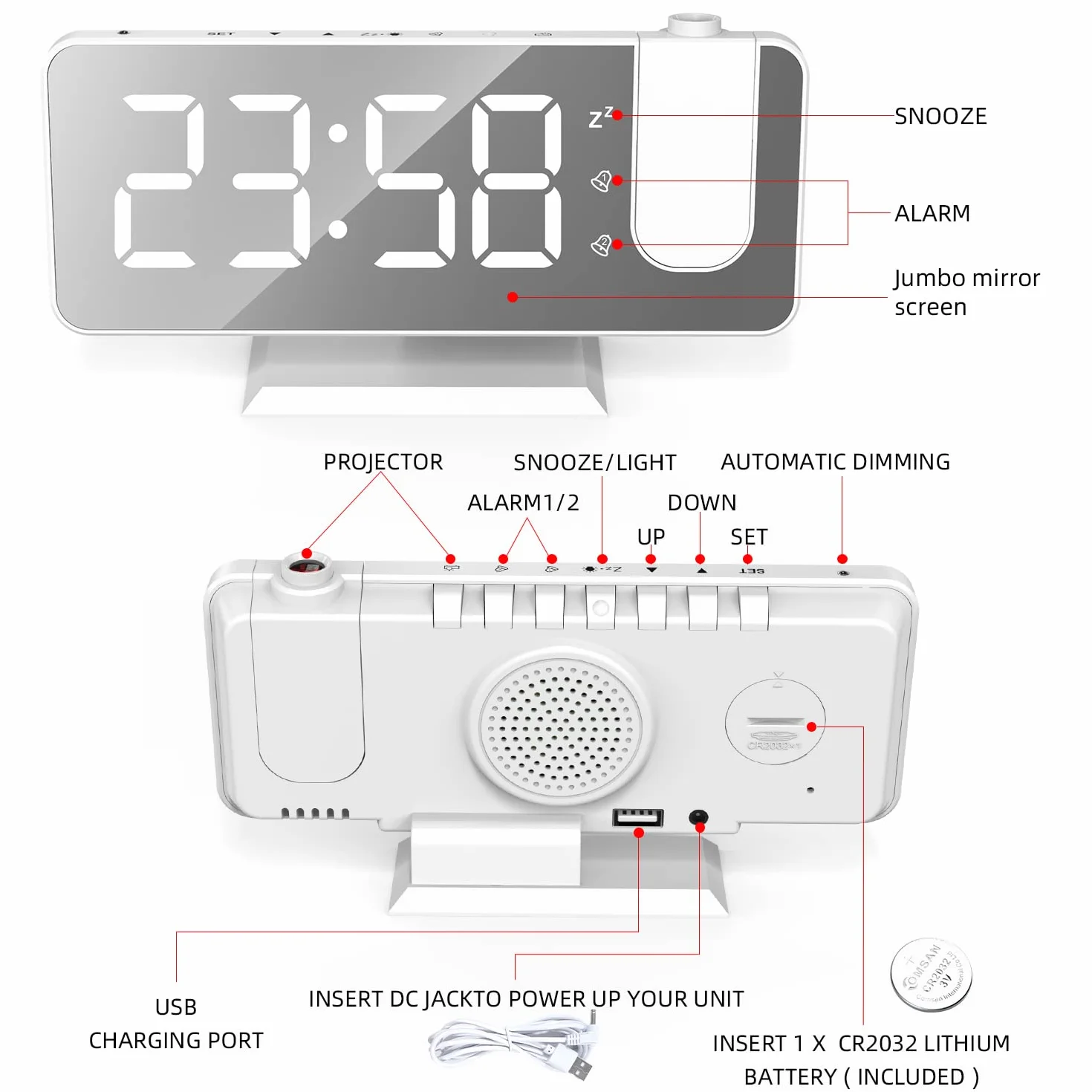 Budzik z projektorem na ścianę, podwójny alarm, LED, 12/24 h, 4 poziomy jasności, port USB, biały