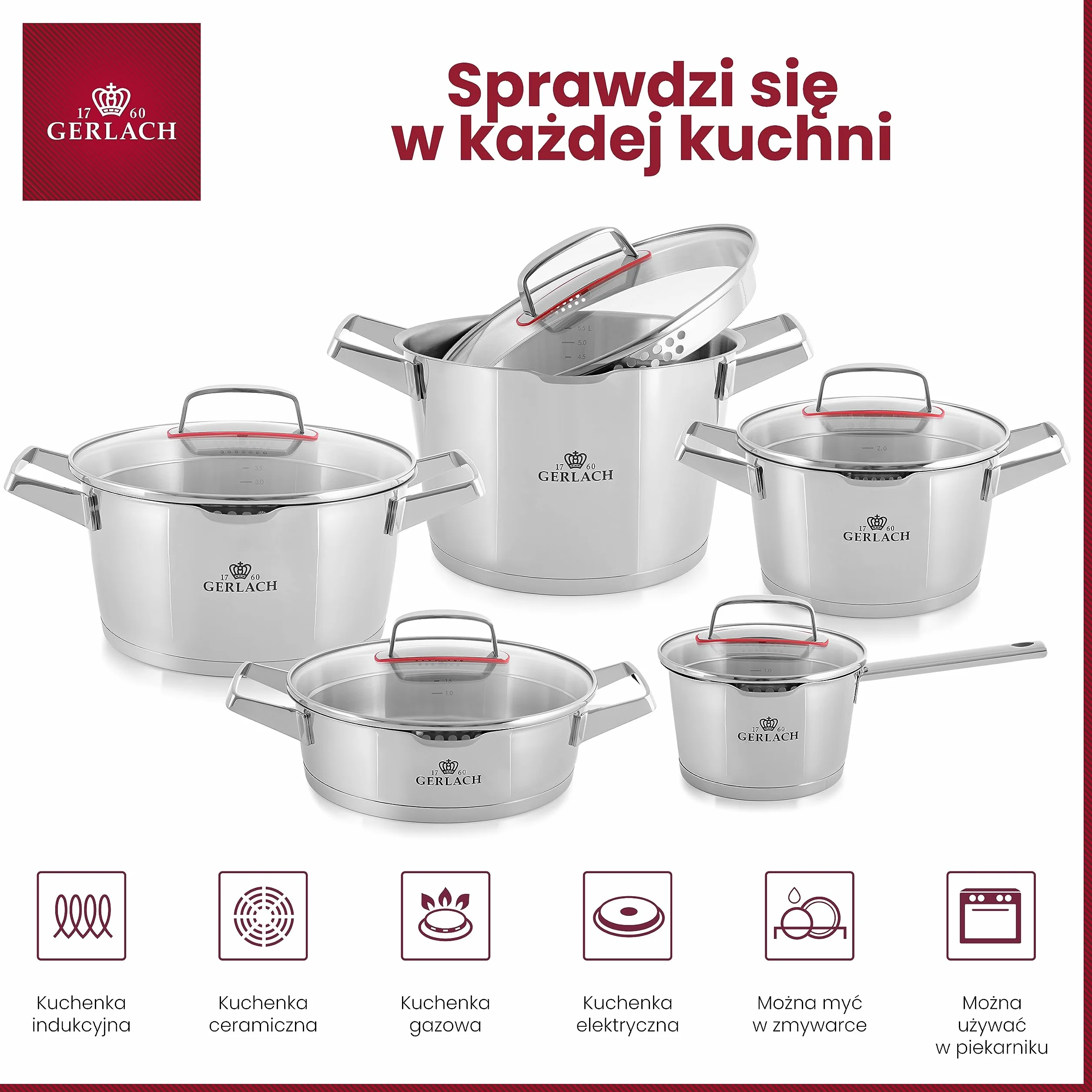 Gerlach Superior Zestaw Garnków Indukcja Stal Nierdzewna Trójwarstwowe Dno Do Kuchenki Gazowej Elektrycznej Ceramicznej Piekarnika 10 Elementów