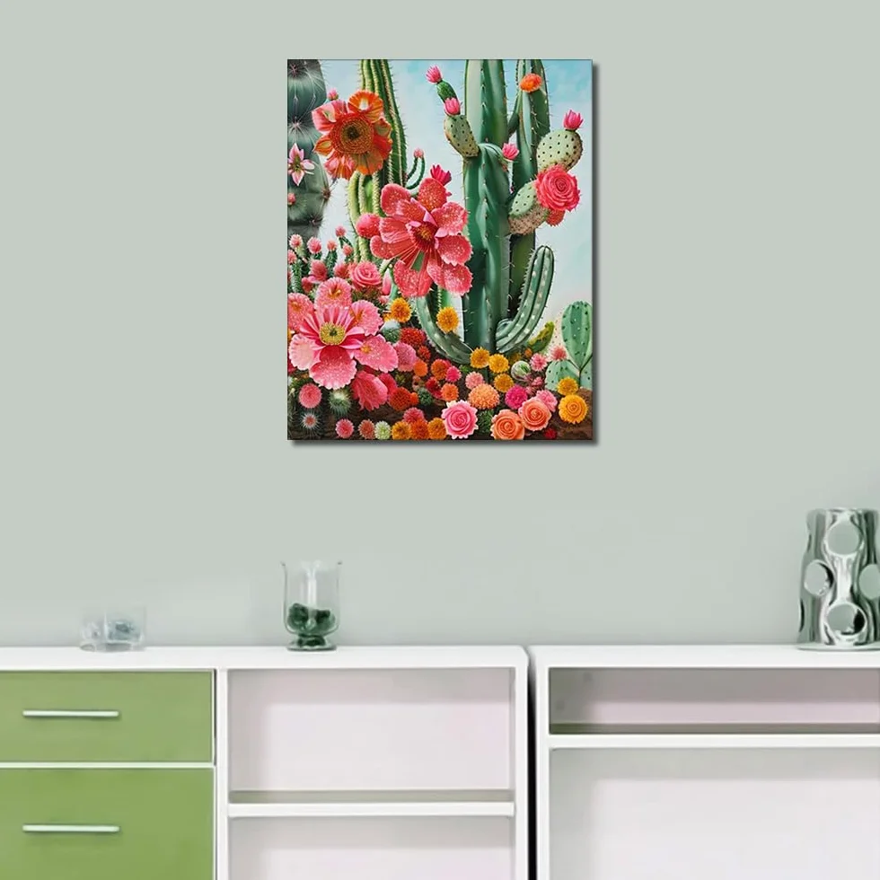Malowanie według liczb TISHIRON 40x50 cm kaktusy i kwiaty obraz olejny DIY dekoracja ścienna