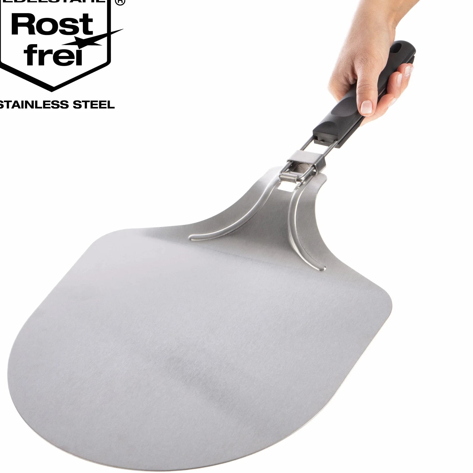 COM-FOUR® Lopata do pizzy ze stali nierdzewnej 430 - podnosnik do pizzy i ciasta ze skladanym uchwytem - lopatka do pizzy, tart, bulek, chleba (srebrny/czarny - kanciasty)