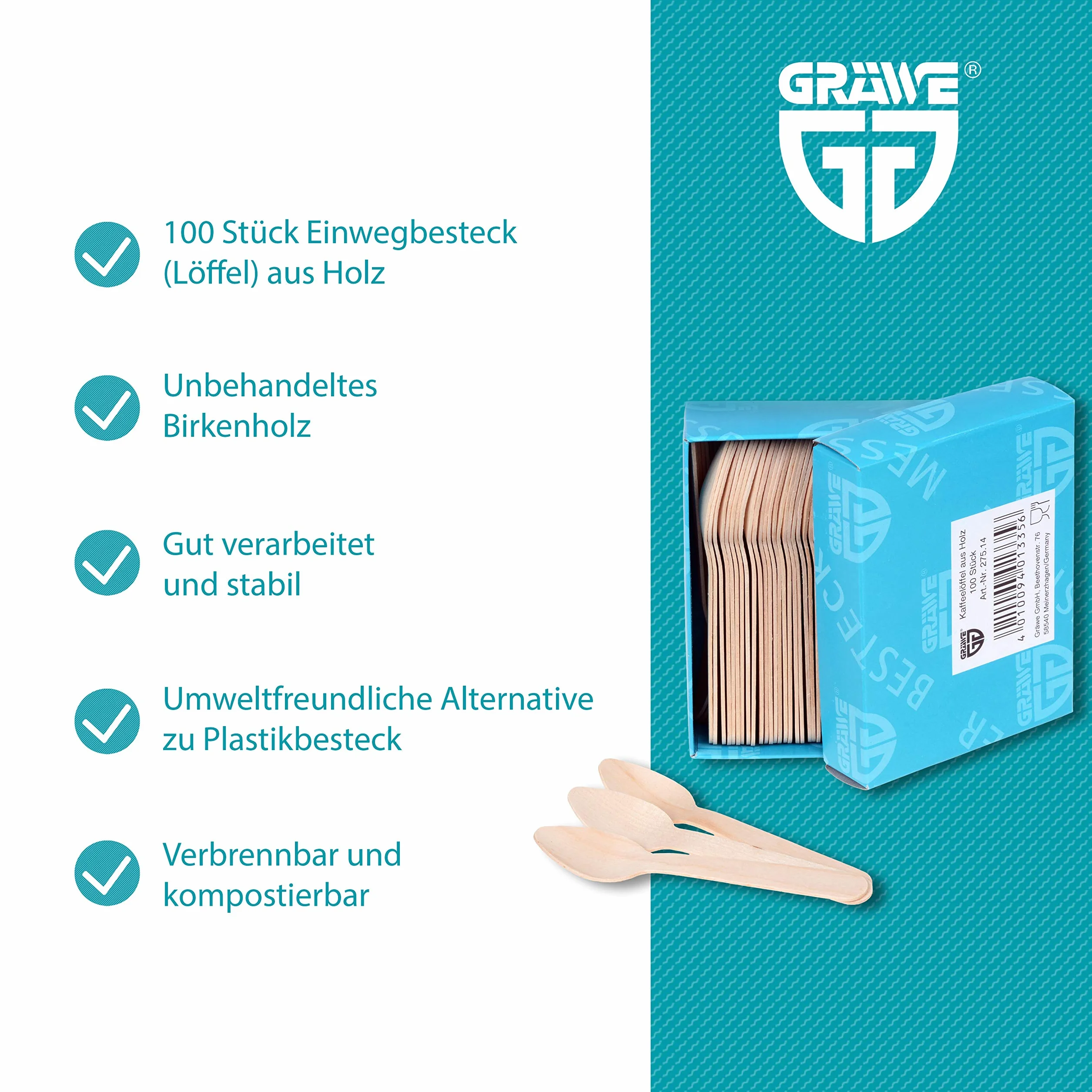 GRÄWE Jednorazowe Sztu?ce Drewniane, Przyjazne Dla ?rodowiska, Biodegradowalne, 100 Sztuk