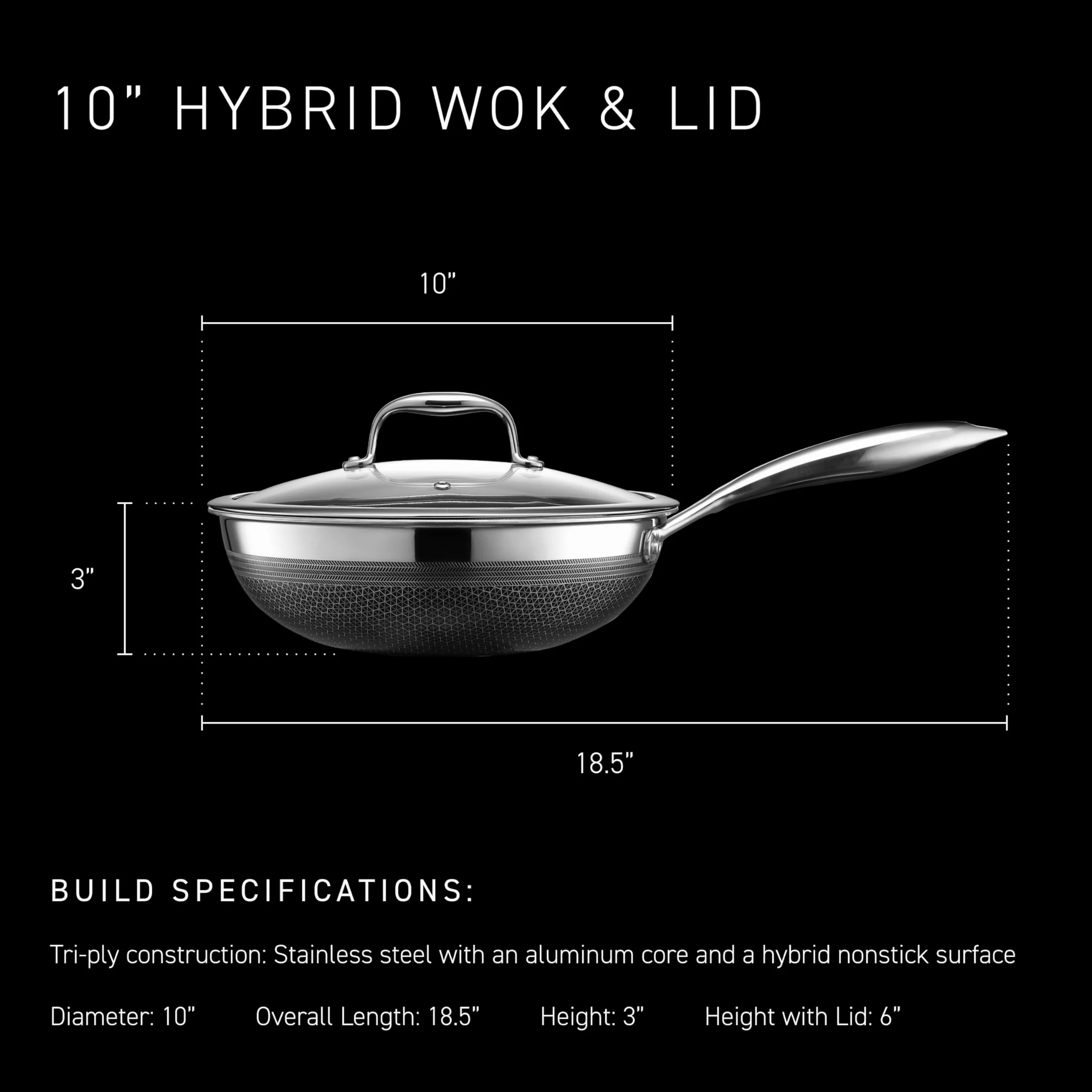 HexClad Hybrydowy nieprzywierający wok 25 cm, uchwyt utrzymujący chłód, gotowy do mycia w zmywarce, do piekarnika do 480°C, indukcyjności i kompatybilny ze wszystkimi płytami