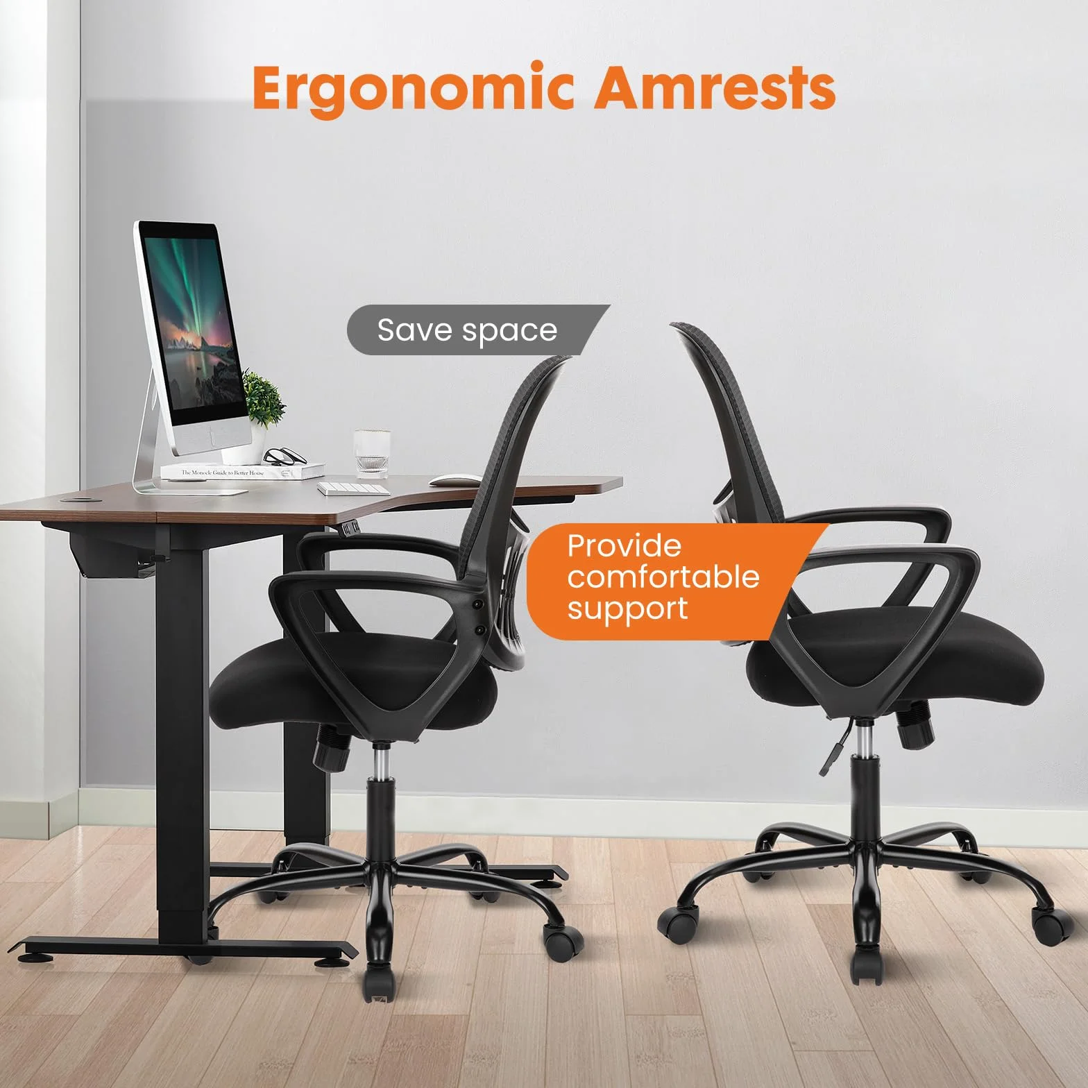Sweetcrispy Krzesło biurowe, stolik komputerowy, fotel szefa kierowcy, ergonomiczny wózek inwalidzki z siatką Mid-Back z kółkami, wygodne podparcie okolic lędźwiowych, wygodne podłokietniki do domu,