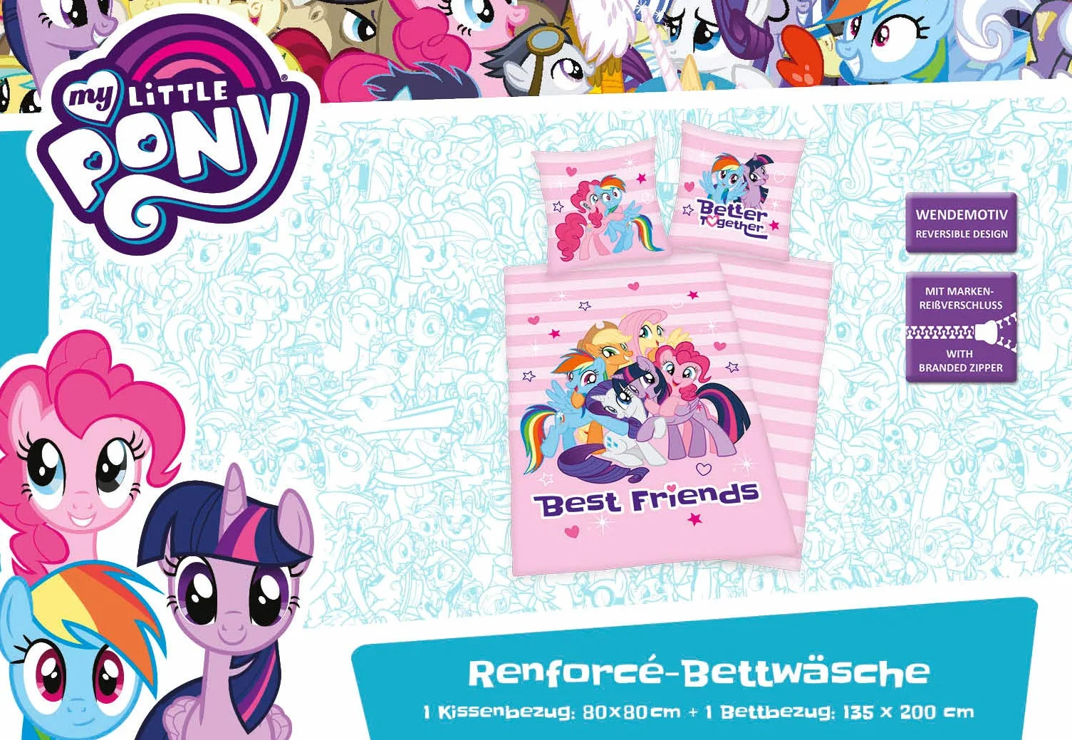 Herding Pościel My little Pony "Best Friends", poszewka na poduszkę 80 x 80 cm, poszwa na kołdrę 135 x 200 cm, Renforce, z markowym zamkiem błyskawicznym