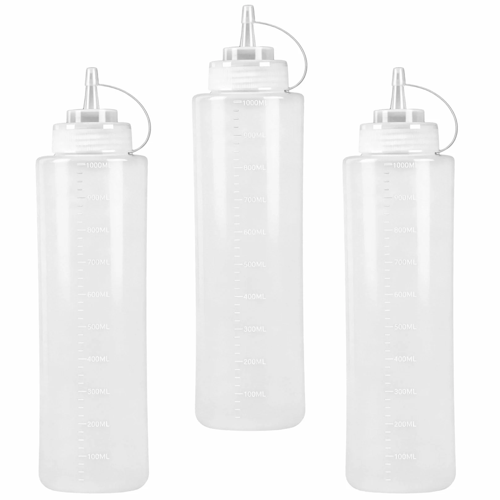 Zestaw 3 butelek wyciskanych, butelka wyciskana plastikowa 1000 ml, butelka wyciskana 1000 ml, butelki wyciskane, duża butelka na sos z nakrętkami, butelki na sos, dozownik sosu do sosów, olej