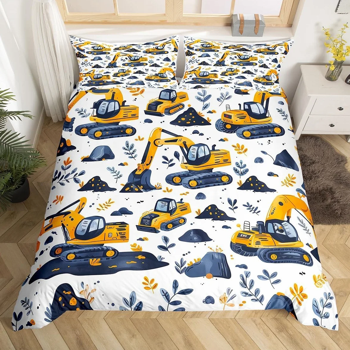 Zestaw pościeli w rozmiarze king size, niebieska koparka dla starszych dzieci - poszewka na kołdrę z zapięciem na zamek błyskawiczny i 2 poszewki na poduszki 50 cm x 75 cm - miękka oddychająca
