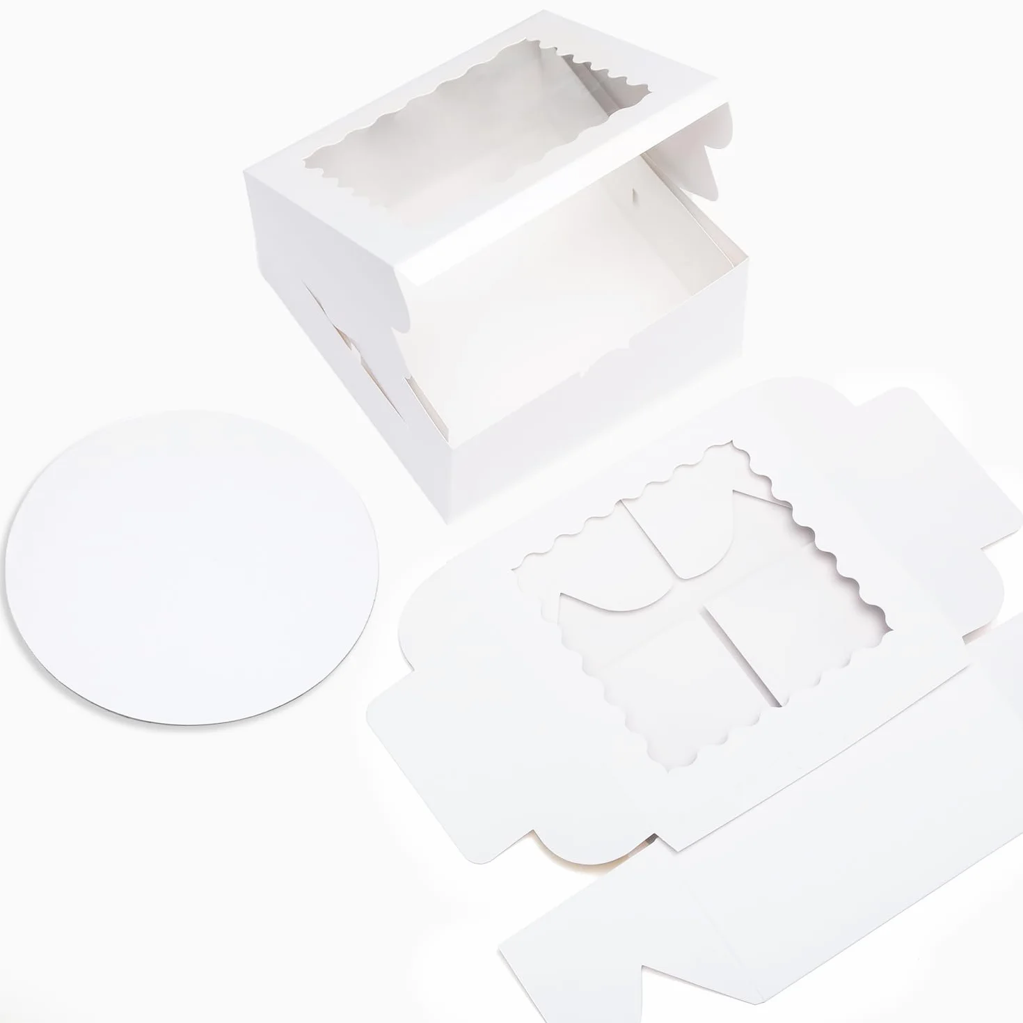 Gcardist Pudełko na ciasto, 25,4 x 25,4 x 12,7 cm, 5 zestawów białych pudełek na tort z okienkiem i 5 zestawów, białe okrągłe deski 25,4 cm, pojemnik na ciasto 25,4 cm