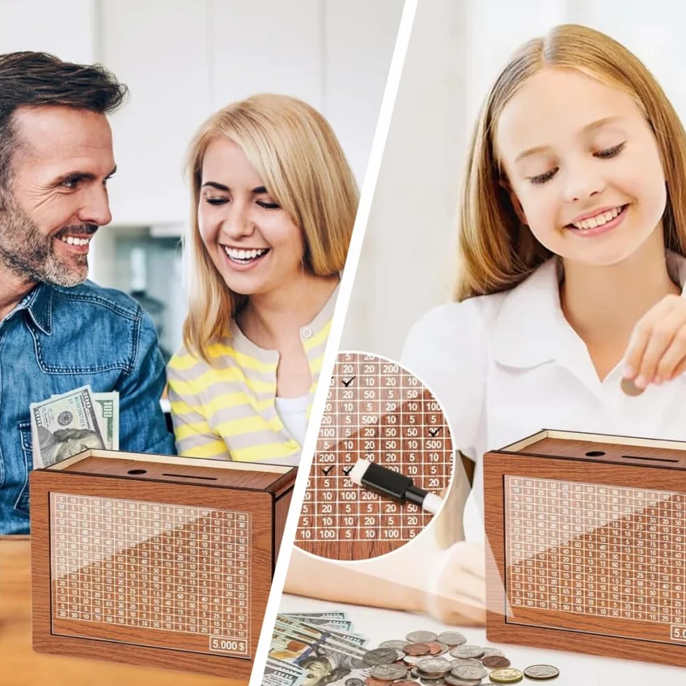 Skarbonka z licznikiem, 4 w 1 drewniana skarbonka, skarbonka z celami o wartości 5000 euro, skarbonka z liczbami, skarbonka wielokrotnego użytku, dla dzieci i dorosłych