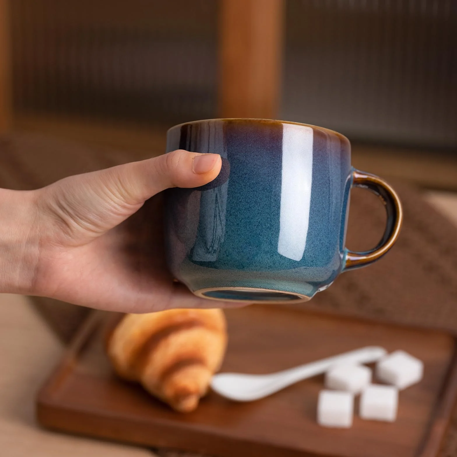 6-częściowy zestaw kubków do kawy, ceramiczne filiżanki do herbaty, wielofunkcyjne, odporne na zmywarkę i kuchenkę mikrofalową, kubek do kawy 360 ml, niebieski kubek kawowy