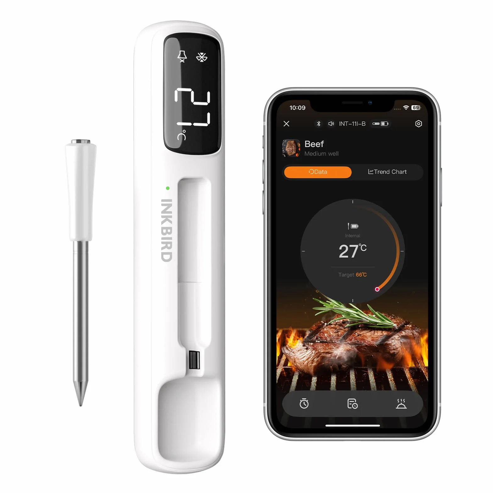 Inkbird INT-11I-B mini termometr do mięsa, bezprzewodowy, wyświetlacz LCD, termometr do grilla, Bluetooth 5.4 o zasięgu 305 m, wodoszczelność IP67