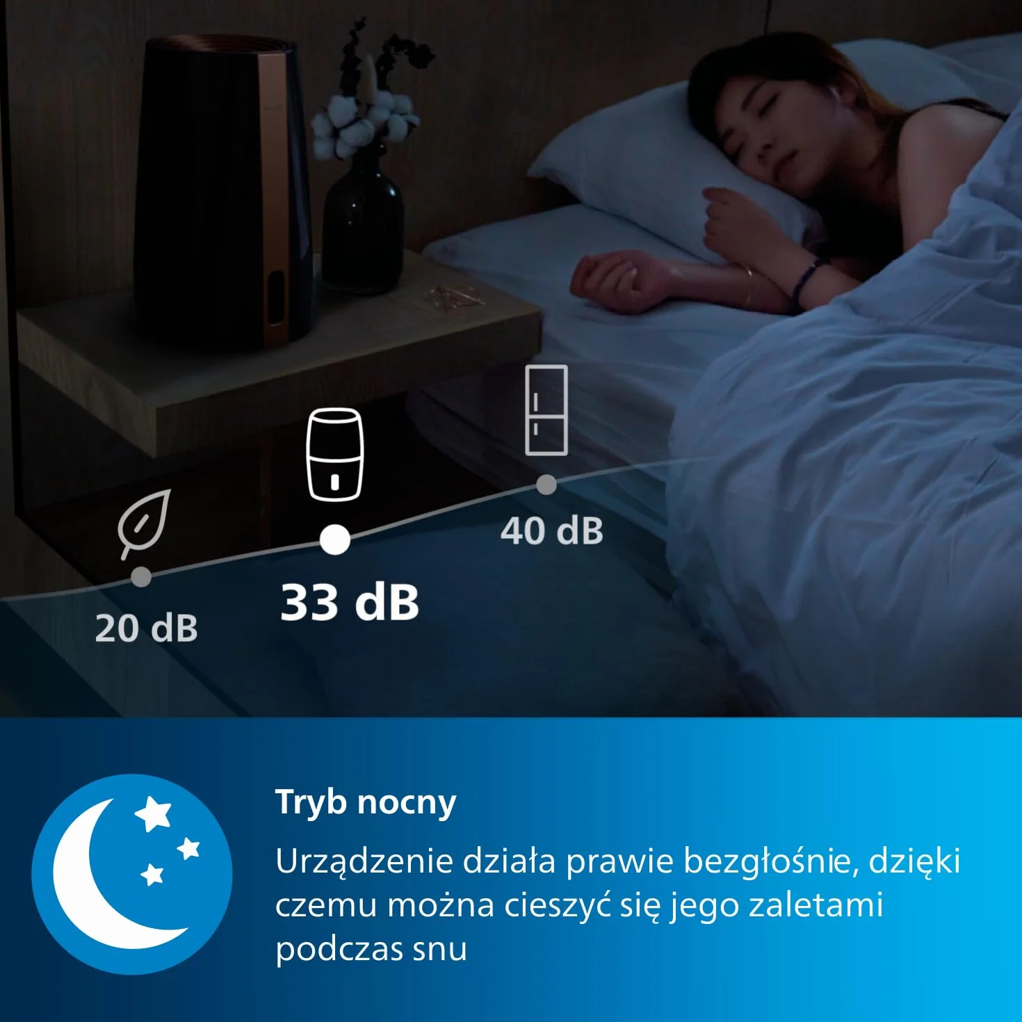 Philips Nawilżacz ewaporacyjny Serii 3000, 45 m², 99,97% mniej bakterii z NanoCloud, 300 ml/h, 3 prędkości, tryb nocny, ultracichy (33 dB), czujnik wilgotności, timer, zbiornik 3L, czarny (HU3918/10)