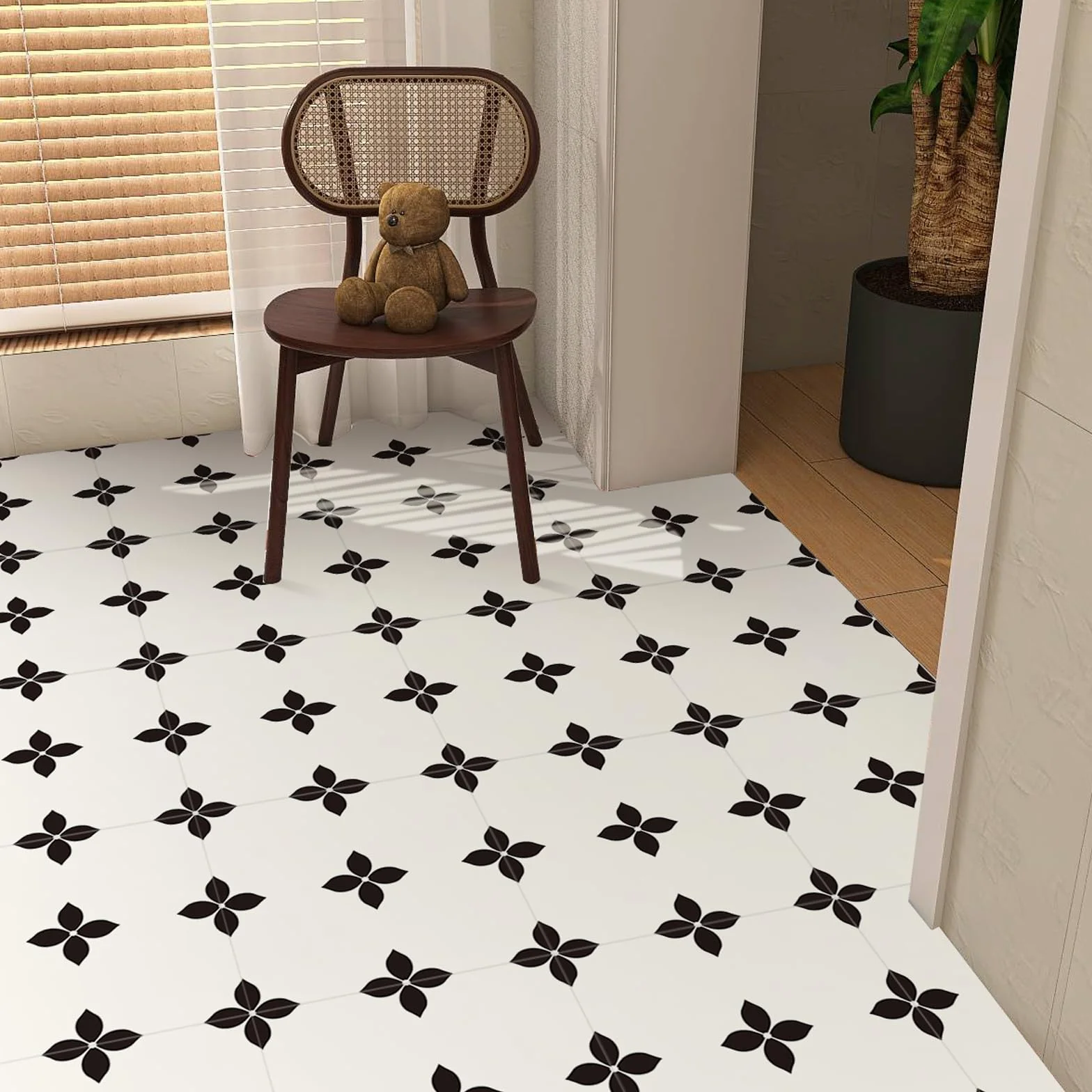 Alwayspon 30 × 30 cm × 10 sztuk biało-czarne kwiaty odporne na działanie wody, antypoślizgowe naklejki na płytki podłogowe do kuchni, łazienki, salonu, samoprzylepna folia winylowa
