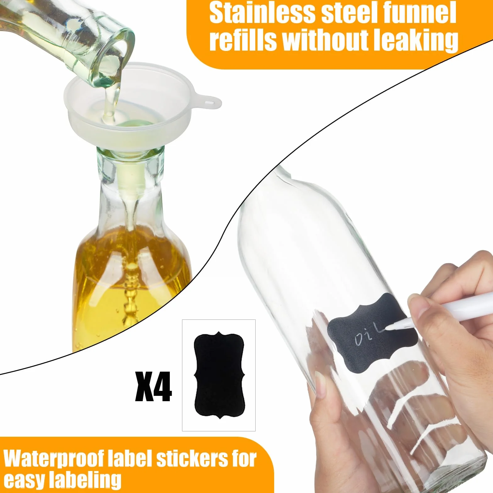 Szklana butelka z dozownikiem oliwy z oliwek, 2 x 500 ml, łatwe nalewanie, szczelna, z szerokim otworem i wyjmowanym filtrem butelka na olej - zapasowe wylewki