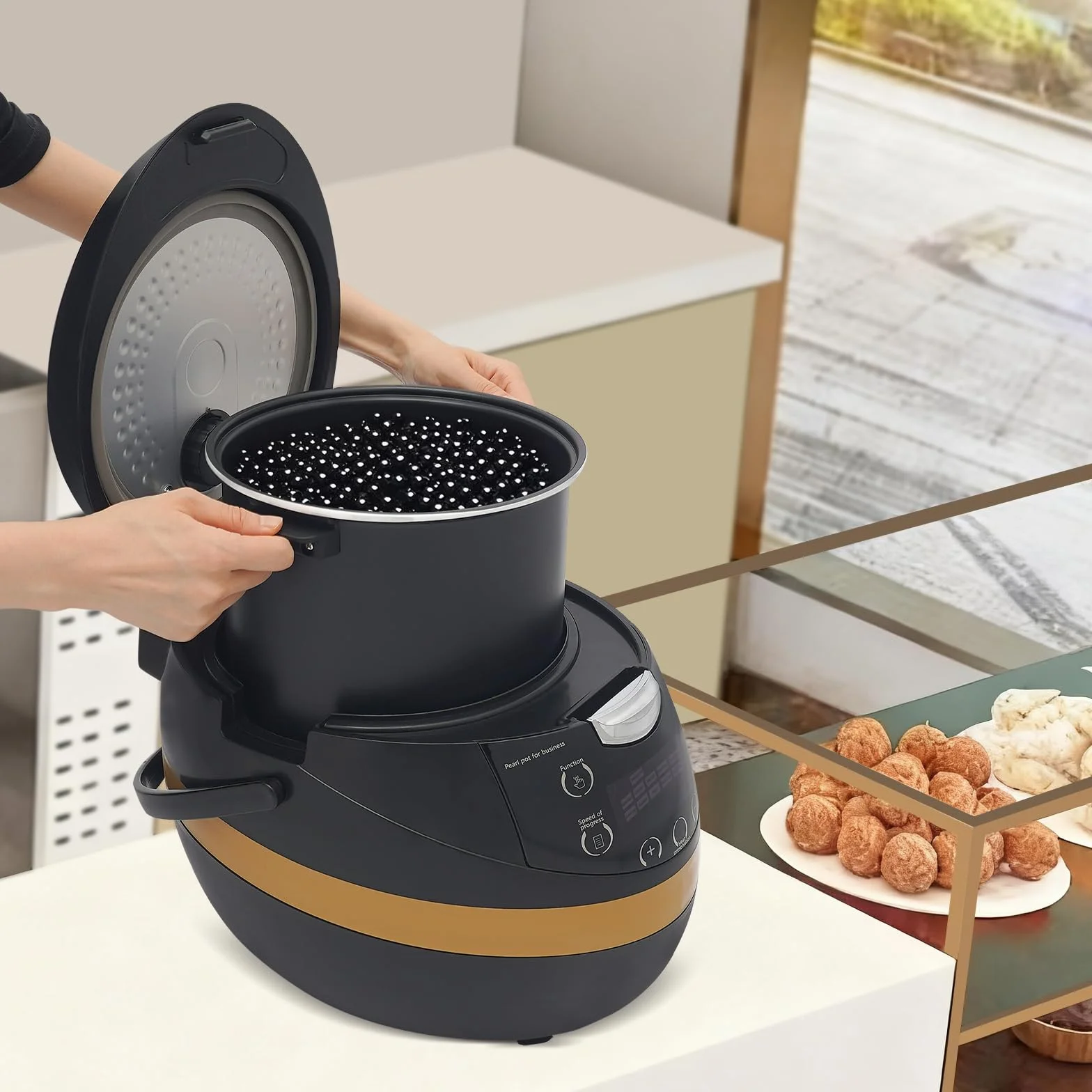 Komercyjna kuchenka z perłami, 1200 W, 8 l, z perłami, tapioką, garnek do gotowania z wstępnie ustawionymi trybami i funkcją utrzymania ciepła, do tapioki, perły, sago, puddingu, galaretki, brązowego