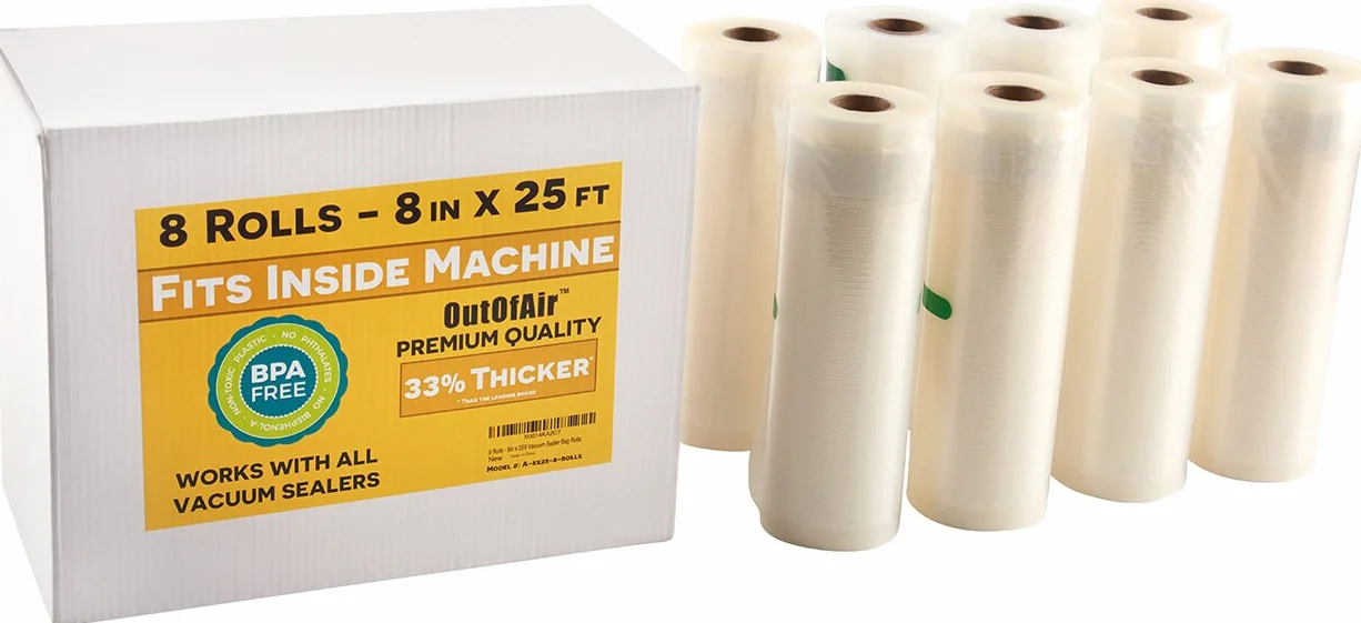 Rolki 20 cm x 65' (pasują do maszyny) – 8 opakowań zbiorczych (łącznie 60 m) rolki do zgrzewarki próżniowej OutOfAir współpracują z FoodSaver i innymi maszynami, 33% grubsze, wolne od BPA,