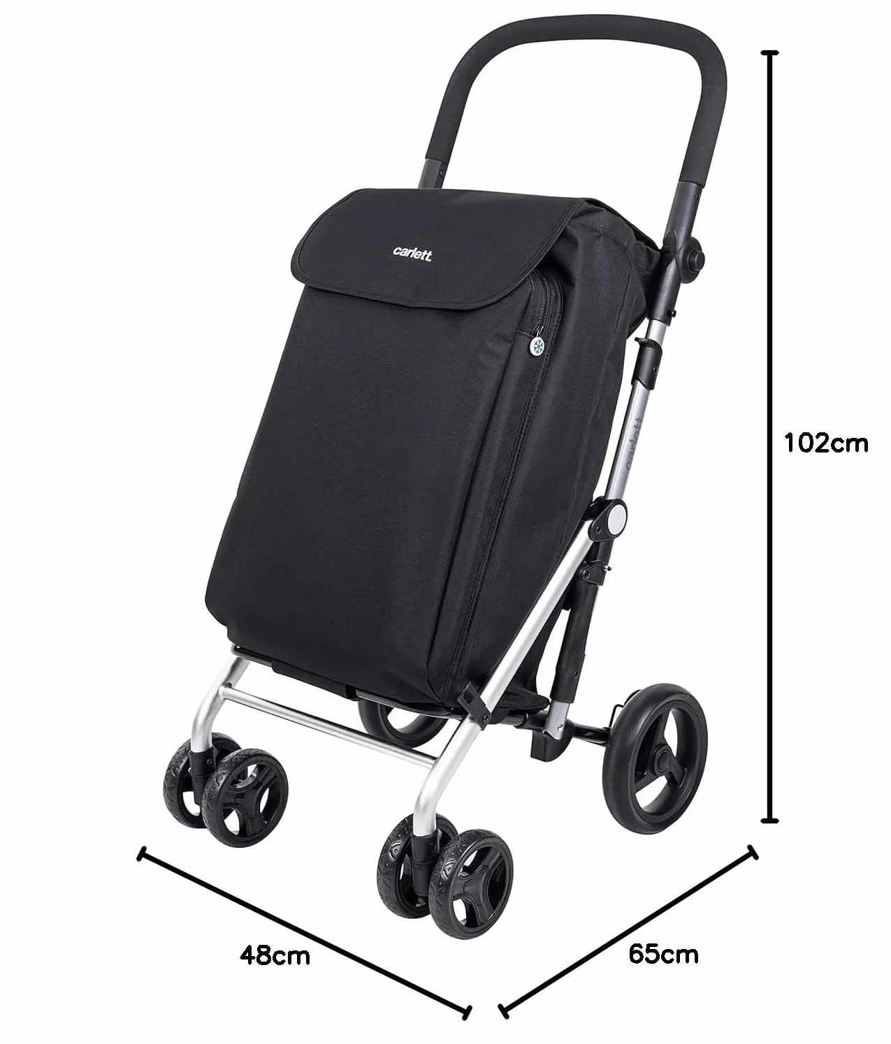 Carlett - Wózek na zakupy, składany wózek do supermarketu, z 4 kołami i dużą pojemnością 32 kg, główną torbą 58 l, torbą termiczną 12 l i wodoodporną tkaniną - kolor czarny