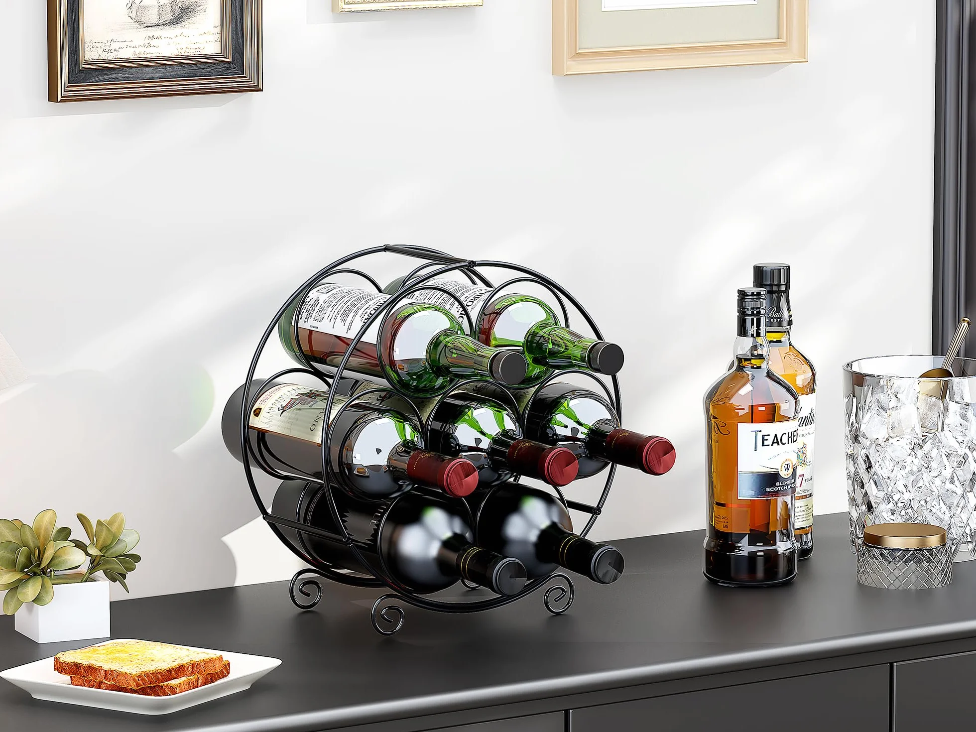EasyPAG Stojak na Wino 7 Butelki Metal,Wolnostojący Regał na Butelki,Uchwyt na Wino,Stojak do Przechowywania Wina do Domu & Kuchni,Czarny