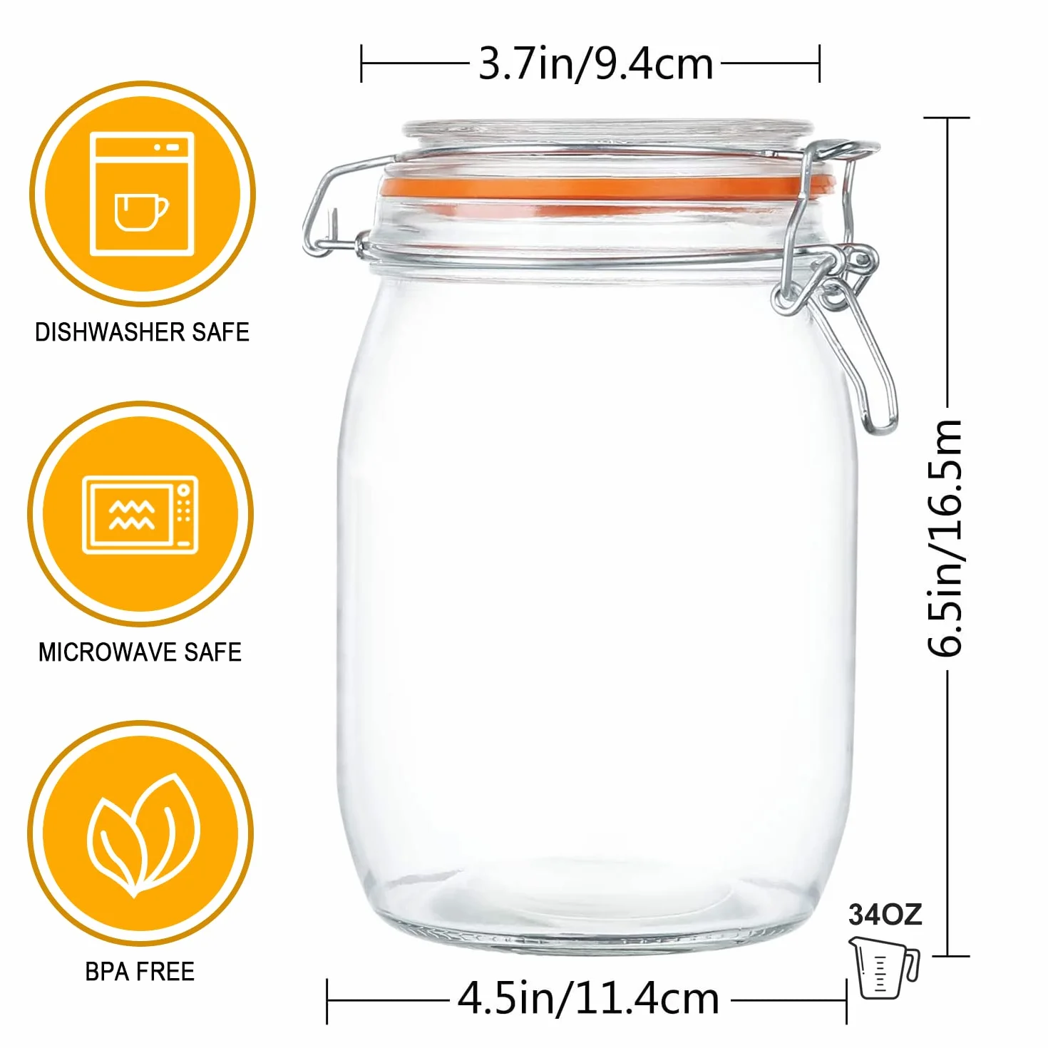 Szklane słoiki 900 ml, hermetyczny szklany słoik do przechowywania żywności z pokrywką zaciskową, zaokrąglony hermetyczny pojemnik 1000 ml z szczelną gumową uszczelką, przezroczyste szklane