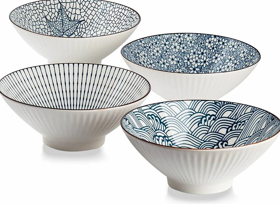 Zestaw japońskich misek do ramenu - 4 ceramiczne miski do zupy, pho, makaronu - pojemność 1,077 g, 20 cm